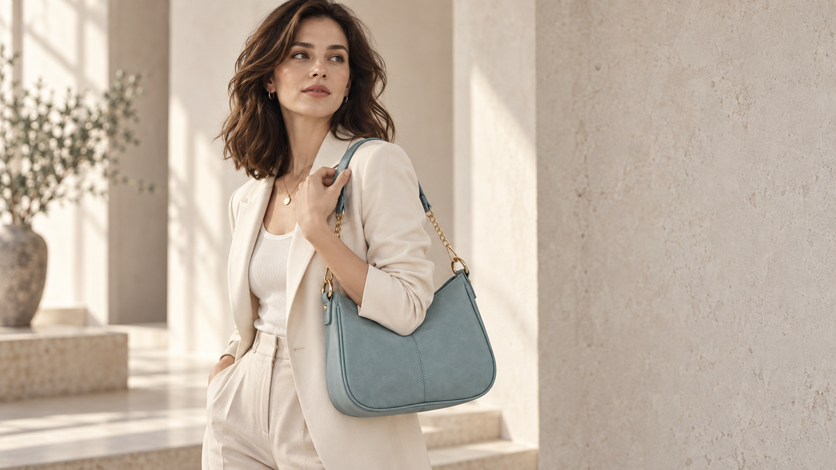 Woman styling the Harper convertible hobo bag as a shoulder bag