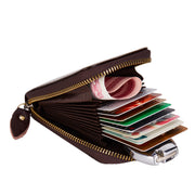 Open brown Mercer RFID card wallet with accordion card slots