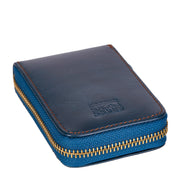 Closed blue Mercer zip card wallet in angled front view