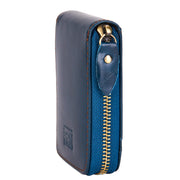 Blue Mercer card wallet showing the zip-around side profile