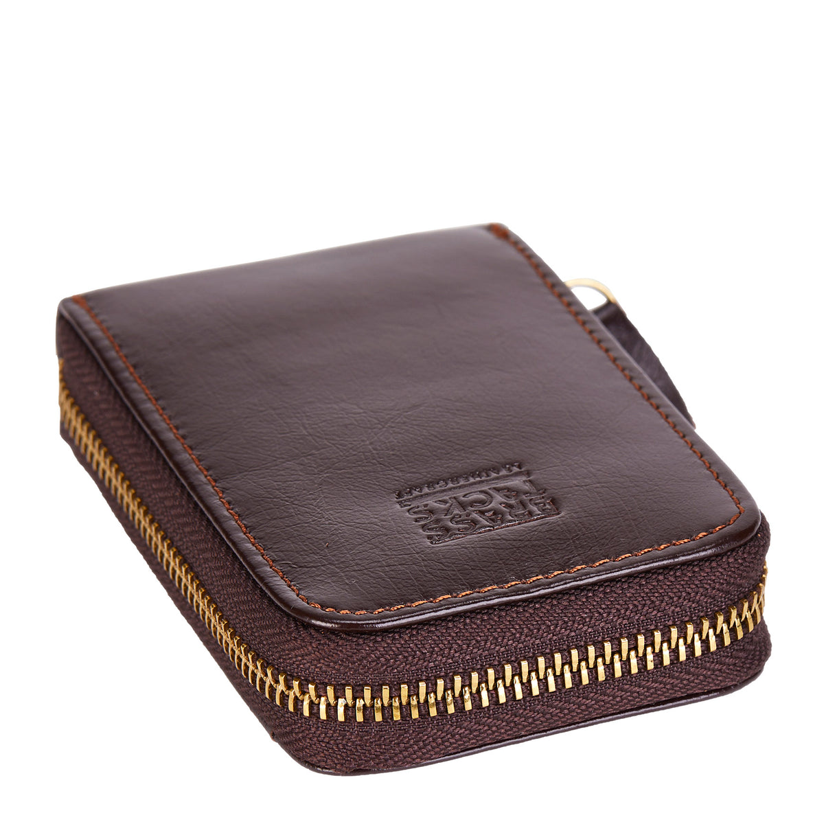 Closed brown Mercer zip card wallet in angled front view