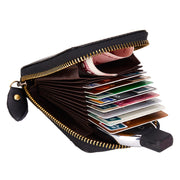 Black Mercer RFID zip-around leather card wallet open with cards and folded cash