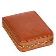 Closed orange Mercer zip card wallet in angled front view