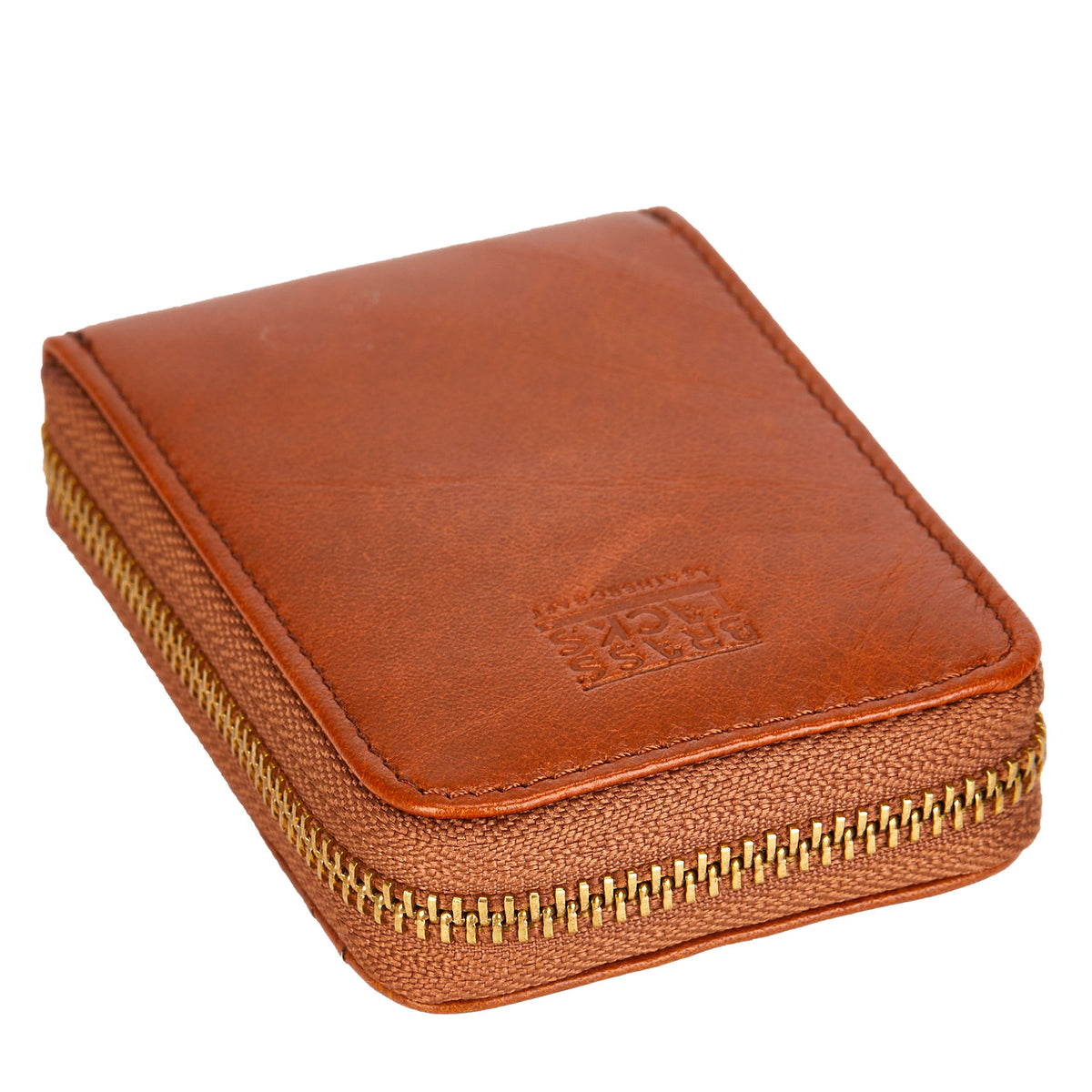 Closed orange Mercer zip card wallet in angled front view