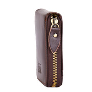 Brown Mercer card wallet showing the zip-around side profile