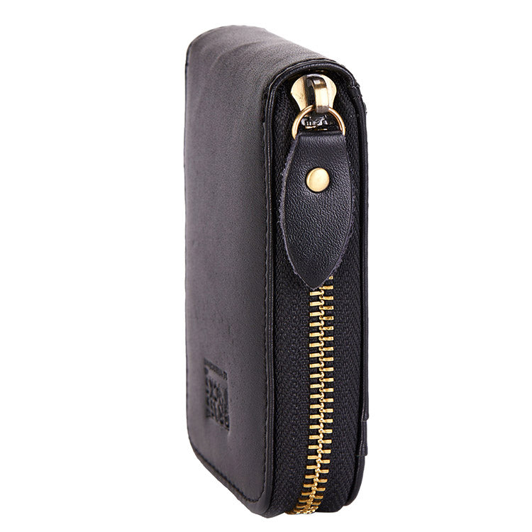Black Mercer card wallet showing the zip-around side profile