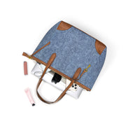 Denim | Madison denim and brown zip tote shown with everyday essentials