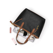 Black&Brown | Madison black and brown zip tote shown open with everyday essentials