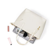 White | Madison white zip tote shown open with everyday essentials