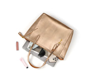 Gold | Madison 16L gold tote shown open with everyday essentials