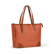Orange | Madison orange tote with brown handles, three-quarter side view