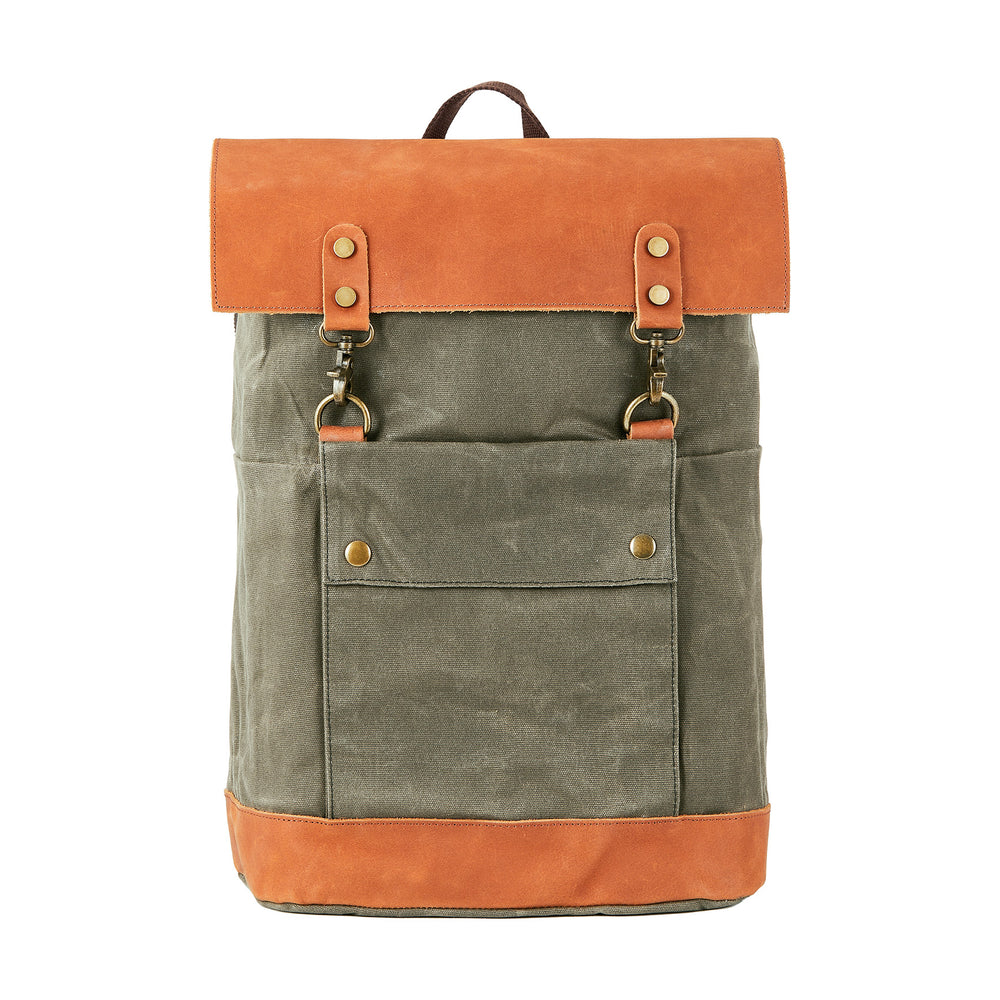 Green | Hudson 20L green waxed canvas laptop rucksack front view with Crazy Horse leather flap