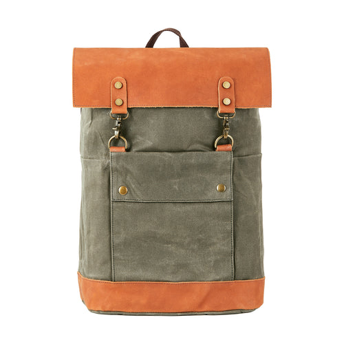 Green | Hudson 20L green waxed canvas laptop rucksack front view with Crazy Horse leather flap