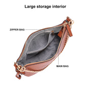 Brown | Audrey brown mini hobo bag open with fabric lining and interior zipper pocket