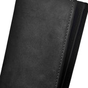 Black | Close-up of Hudson black leather wallet grain and edge stitching