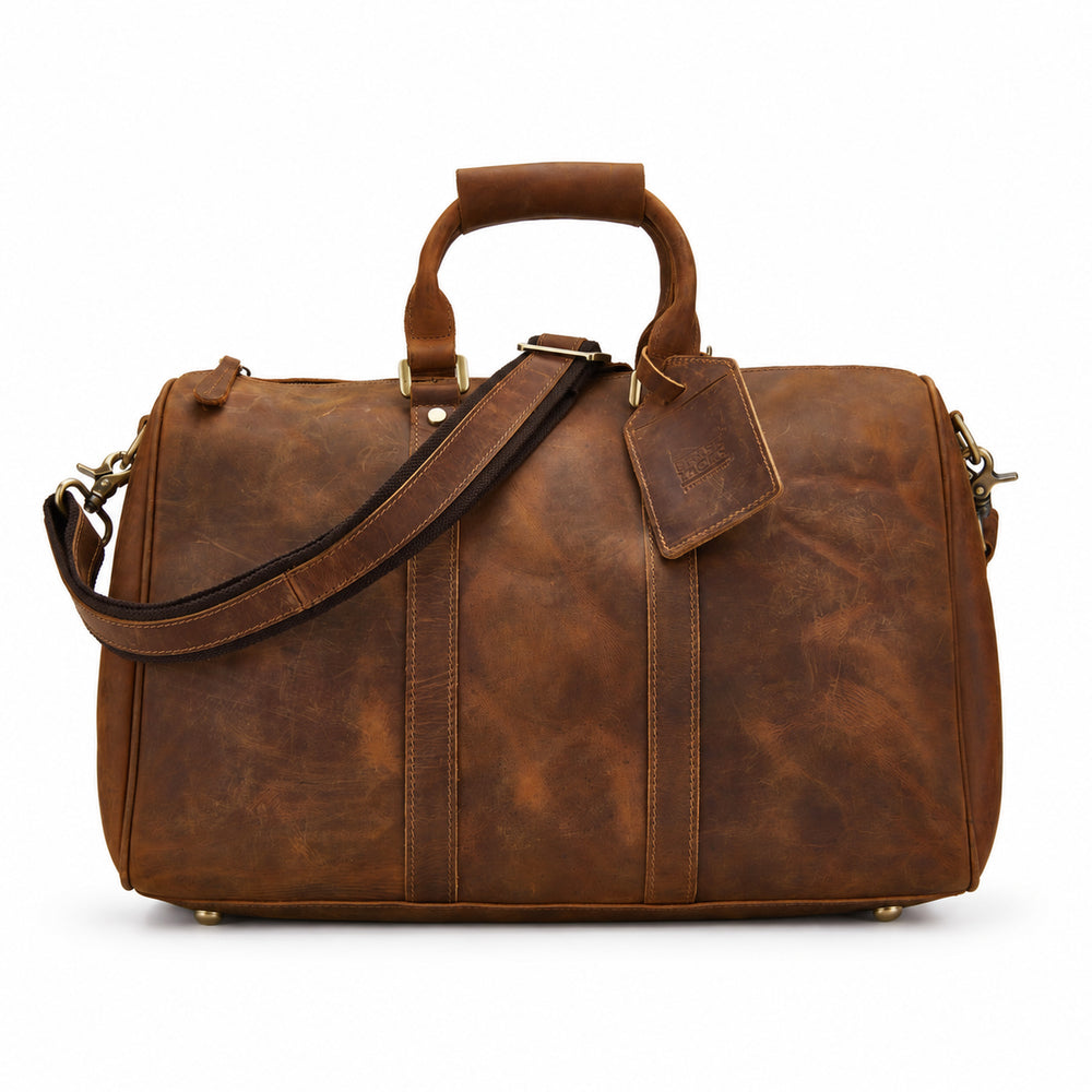 Light Brown | Beaumont Crazy Horse leather overnight duffel front angled view with shoulder strap