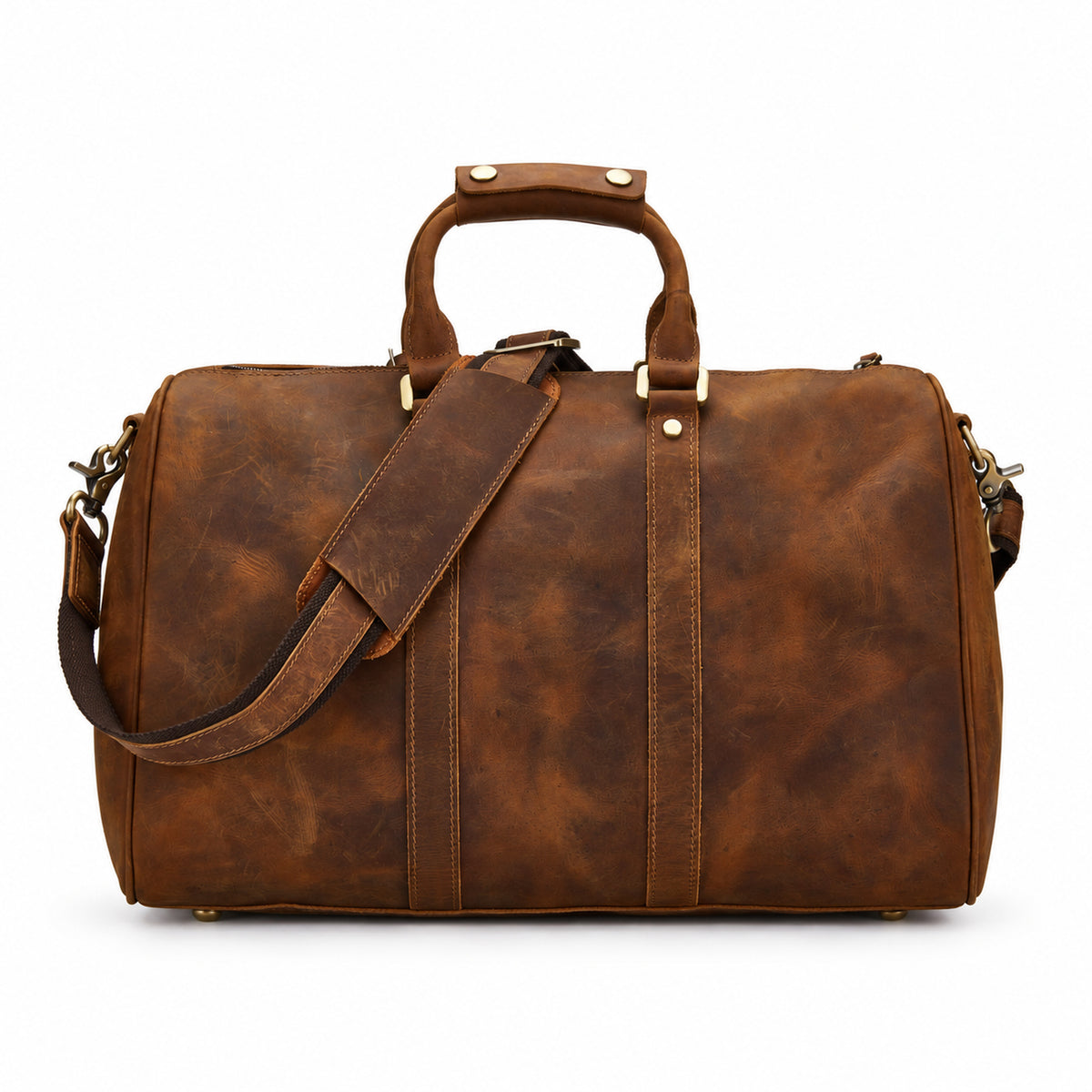 Light Brown | Beaumont light brown leather weekender front view with top handles and shoulder strap