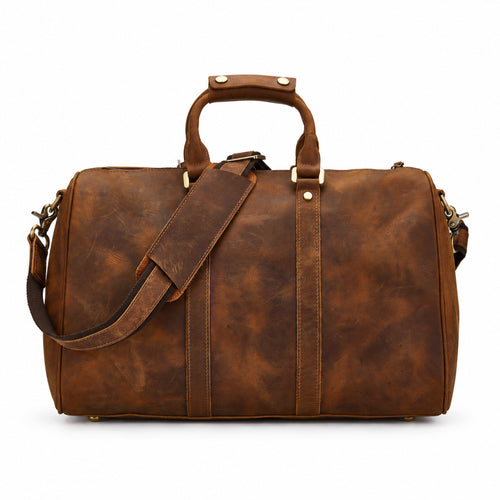 Light Brown | Beaumont light brown leather weekender front view with top handles and shoulder strap