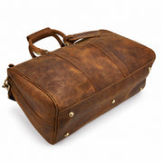 Light Brown | Beaumont Crazy Horse leather duffel bottom view with protective metal feet
