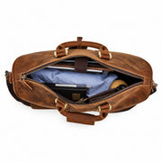Light Brown | Beaumont overnight duffel open interior with zip pocket and organizer pouches