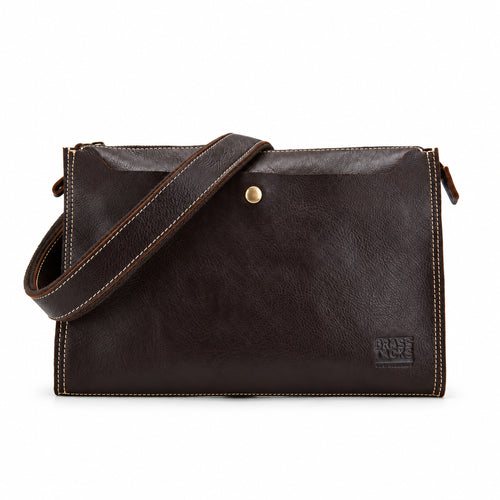 Harrison dark brown leather convertible portfolio bag front view with shoulder strap