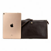 Harrison leather portfolio bag shown beside an iPad for size reference