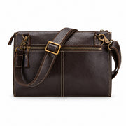 Harrison leather portfolio shoulder bag rear view with zip pockets and adjustable strap