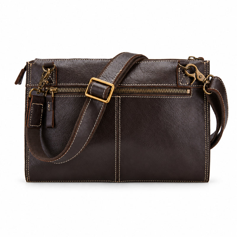 Harrison leather portfolio shoulder bag rear view with zip pockets and adjustable strap