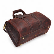 Dark Brown | Beaumont Crazy Horse leather duffel bottom view with protective metal feet