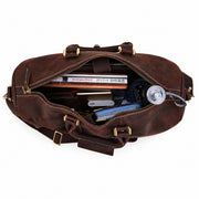 Dark Brown | Beaumont travel duffel open interior with clothing, bottle and organizer pockets