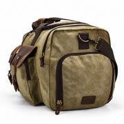 Light Brown | Light brown travel duffel end view with zippered side storage