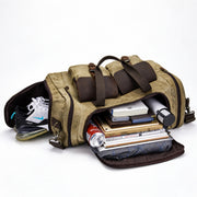 Light Brown | Light brown duffel with open shoe compartment and packed main storage
