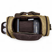 Light Brown | Light brown weekender duffel open top view with travel essentials