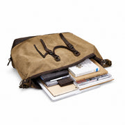 Brown | Voyager brown waxed canvas duffel rear view with leather trim
