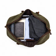Green | Voyager green waxed canvas duffel open top interior view