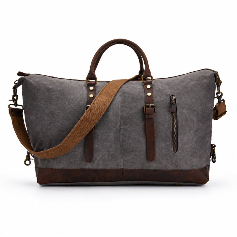 Gray | Voyager gray waxed canvas duffel rear view with leather trim