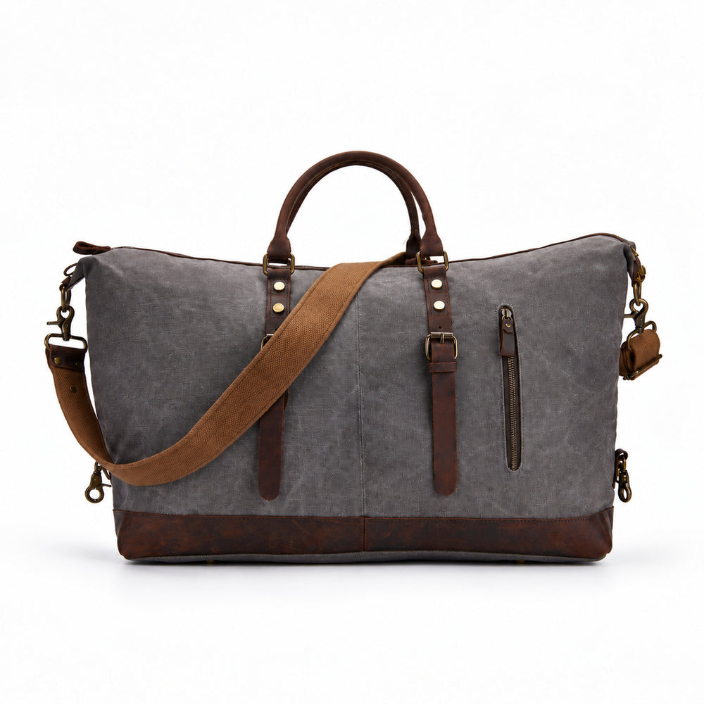 Gray | Voyager gray 50L waxed canvas travel duffel front view