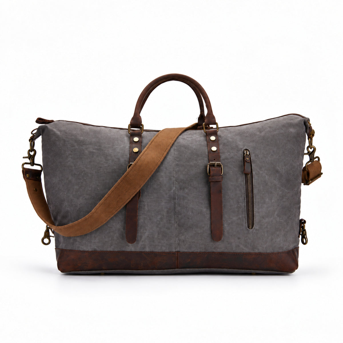 Gray | Voyager gray 50L waxed canvas travel duffel front view