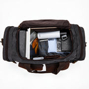 Gray | Gray weekender duffel open top view with organized interior