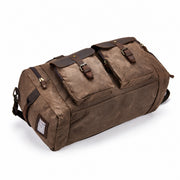 Dark Brown | Dark brown waxed canvas duffel top and side view