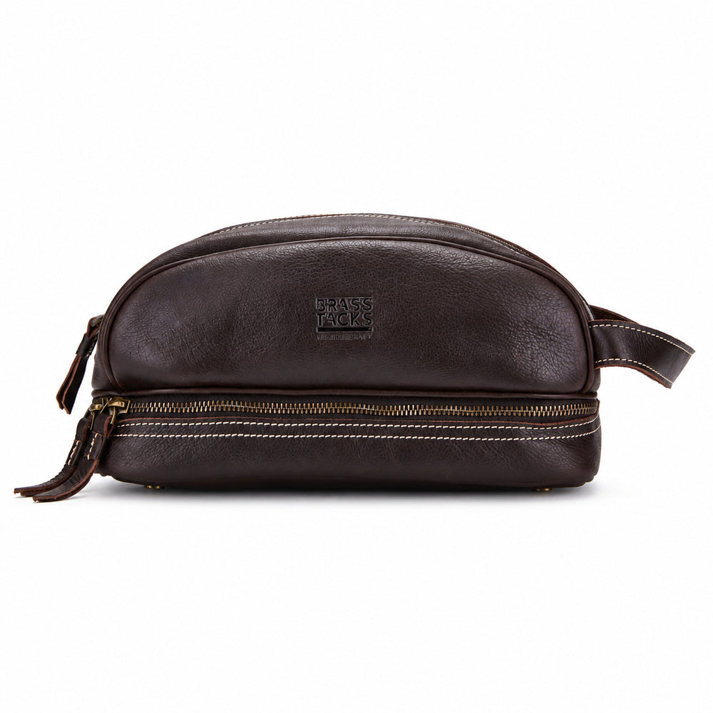 Sullivan dark brown leather travel dopp kit front view with dual zip compartments