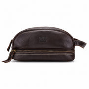 Sullivan dark brown leather travel dopp kit front view with dual zip compartments