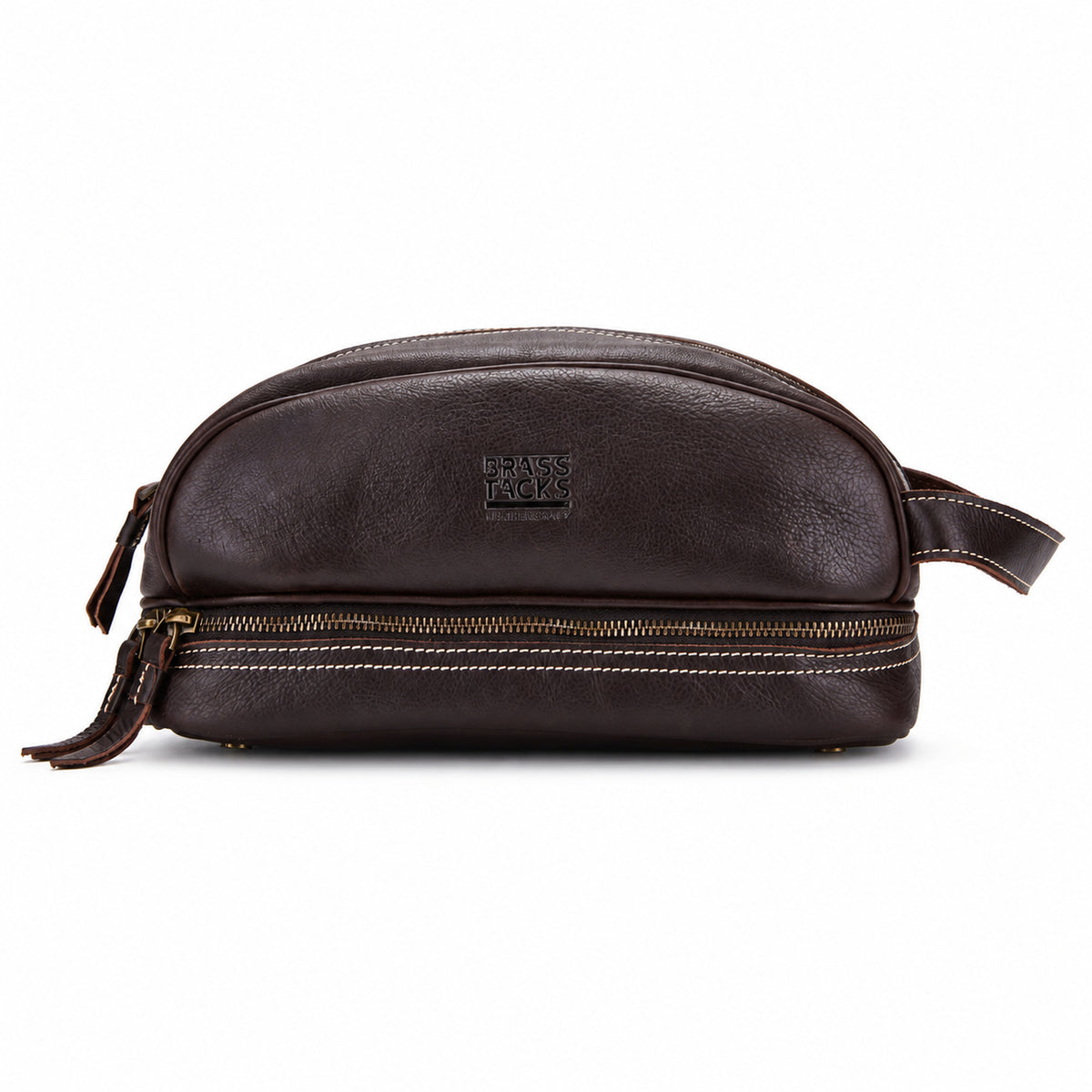 Sullivan dark brown leather travel dopp kit front view with dual zip compartments
