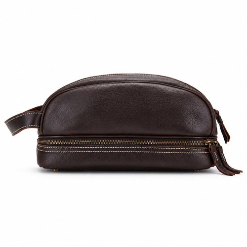Sullivan leather toiletry bag rear view with carrying handle and contrast stitching