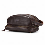 Sullivan dark brown leather dopp kit angled front view with two zippered sections