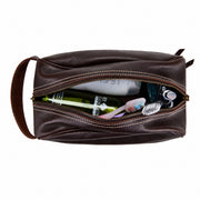 Sullivan leather toiletry bag open top compartment with grooming essentials