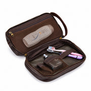 Sullivan leather travel dopp kit fully open showing organized interior compartments