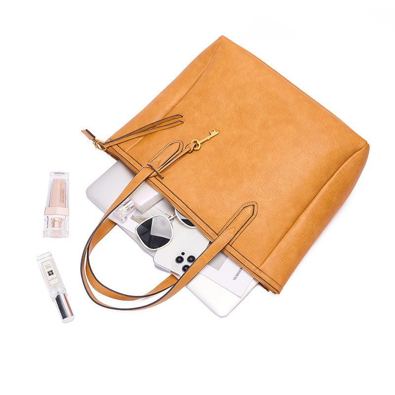 Tan | Madison 16L tan zip tote shown open with everyday essentials