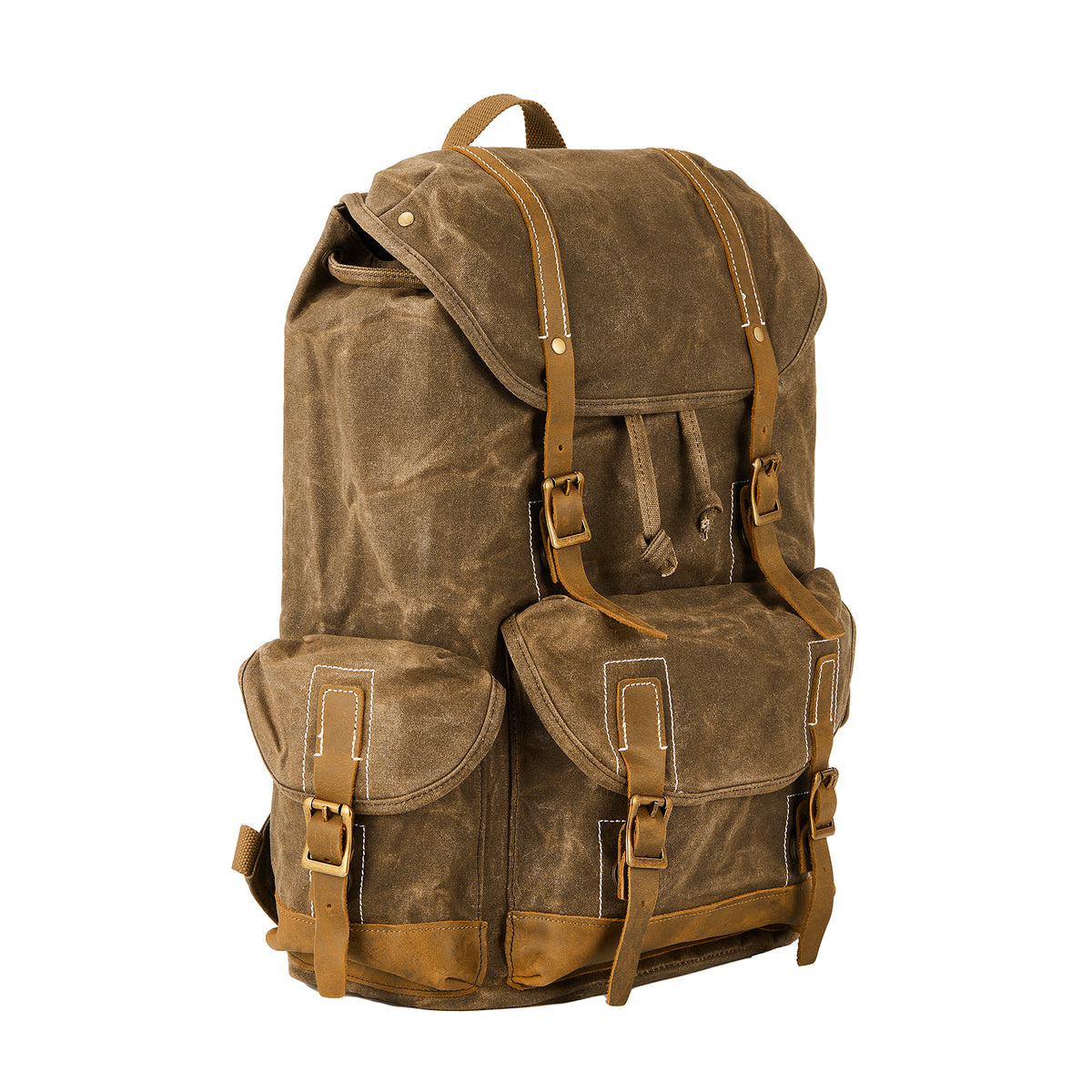 Coffee | Coffee leather-trimmed rucksack angled front view