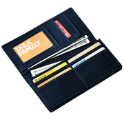 Blue | Hudson blue long bifold wallet open with cards cash and ID window
